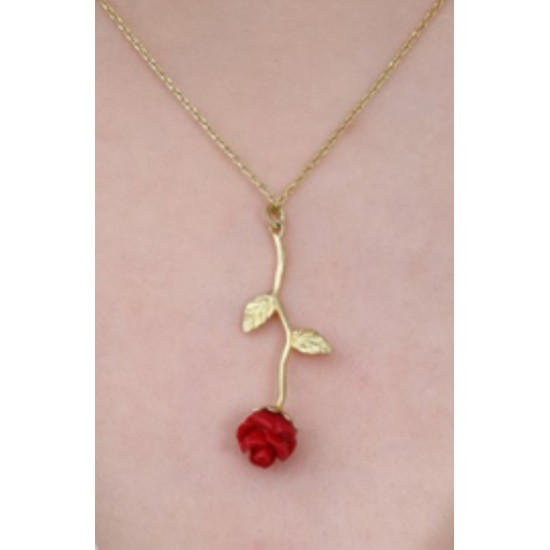 Kırmızı Gül motifli Gümüş kolye