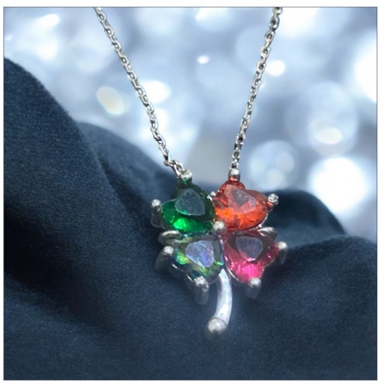 Dört yapraklı renkli taşlı yonca kadın kolye 