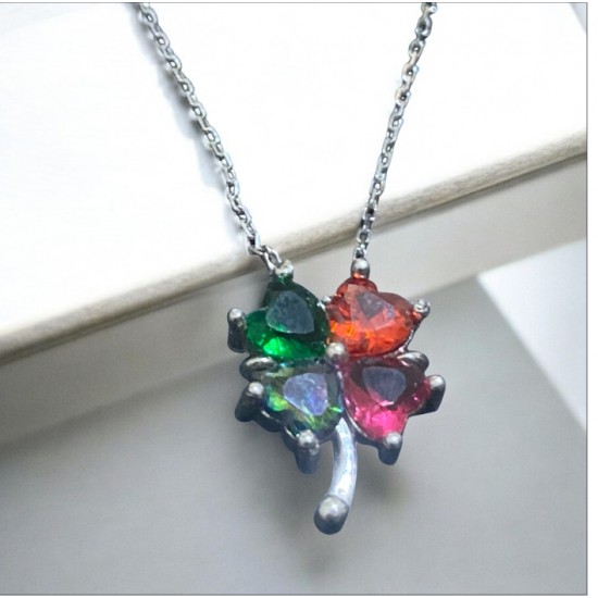 Dört yapraklı renkli taşlı yonca kadın kolye 